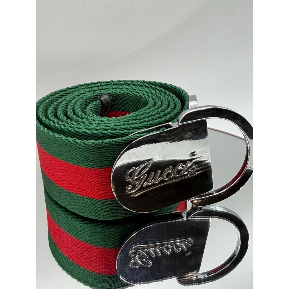 Gucci Green Red Web Stripe Canvas Belt Silver D-Ring Buckle 50 Inch